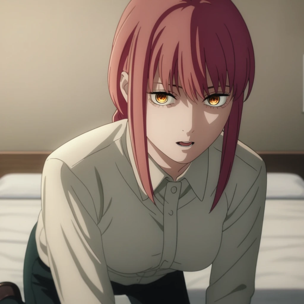 source_anime,
Makima, long hair,  Braided Ponytail ,red hair, detailed gold eyes, hair between eyes,(( perfect eyes )), Perfect face, expressive eyes, close up face,
((undress dress shirt)),bra ,pants,
indoors, bed, realistic bed room, kneeling, 
cowboy shot, looking at viewer, solo, dutch angle, [medium breast], open mouth,