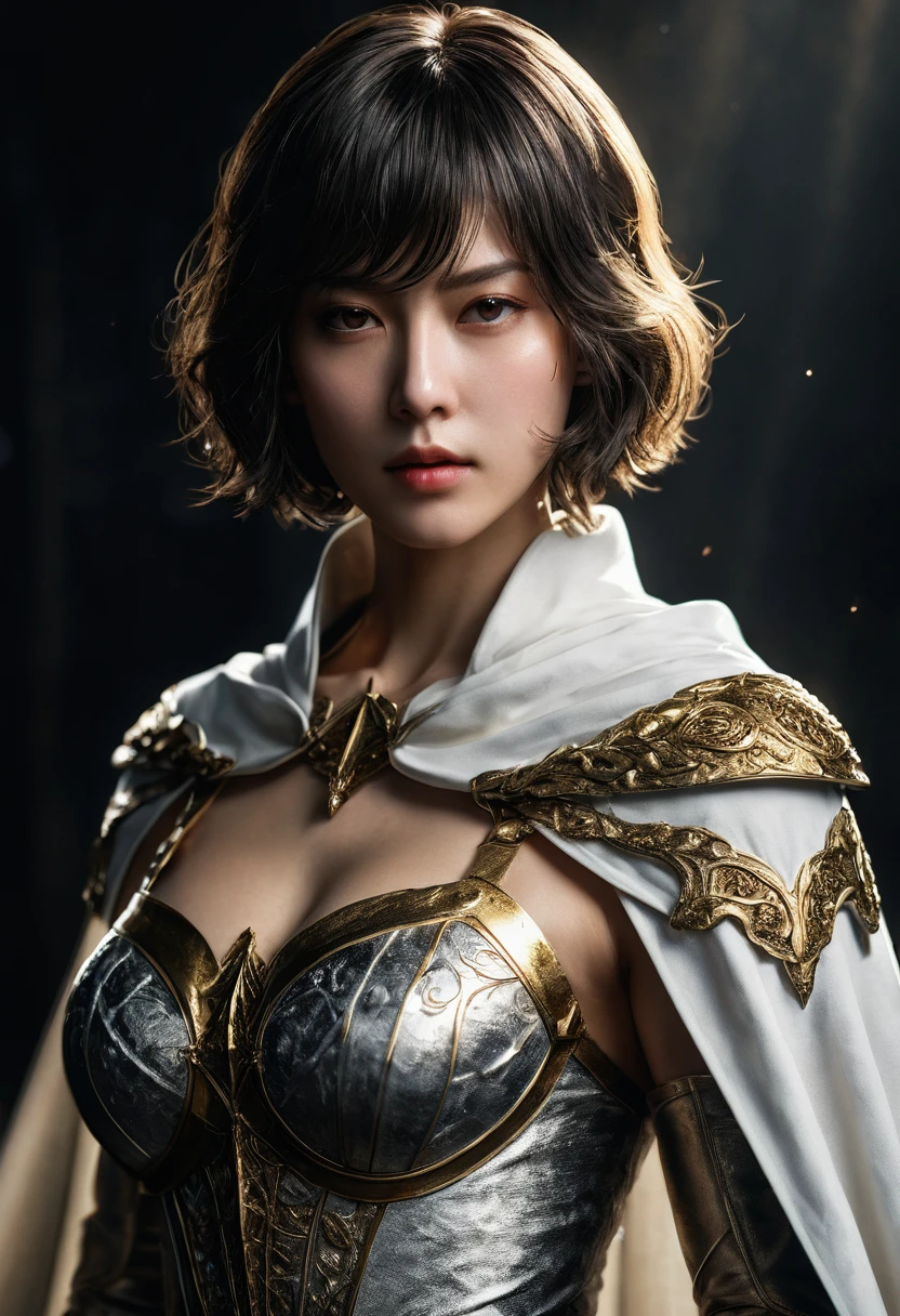 genius idol Akechi, short hair, black hair, subtle makeup, golden hour, photorealistic, high contrast, 8k HD, detailed, hyper-detailed, realistic skin texture, big breast, best quality, ultra high res, raw photo, dramatic lighting, unreal engine, diffuse glow intricate silver eaba, white imperial cape, spear, sword, no helm, intricate details High Quality, 8k, Realistic, Ultra-Detailed, Dramatic Lighting, Soft Focus, Digital Illustration, Intense Expression, Strong Gaze, Intense Emotion, Complex Mechanics, Advanced Technology, Dark Background, Cinematic, High Contrast, Moody, Strict, Atmosphere, (Best Quality, 4k, 8k, High Definition, Masterpiece: 1. 2 ), ultra-detailed, (realistic, graphic, photorealistic:1.37) --no glass