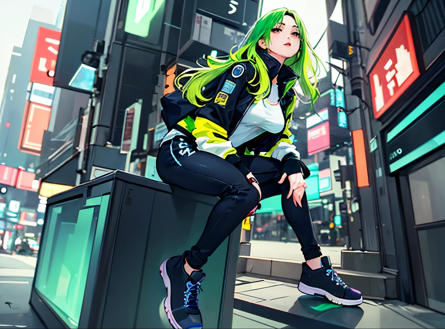 ((masterpiece)), (((best quality))), chromatic lighting,
colorized, green + white limited color palette,
detailed concept drawing,
Shibuya street girl, cyberpunk, futuristic,
portrait, 20yo 1girl, medium soft breasts, slender, jacket, combat-pants,, long green hair, black eyes,in a city,