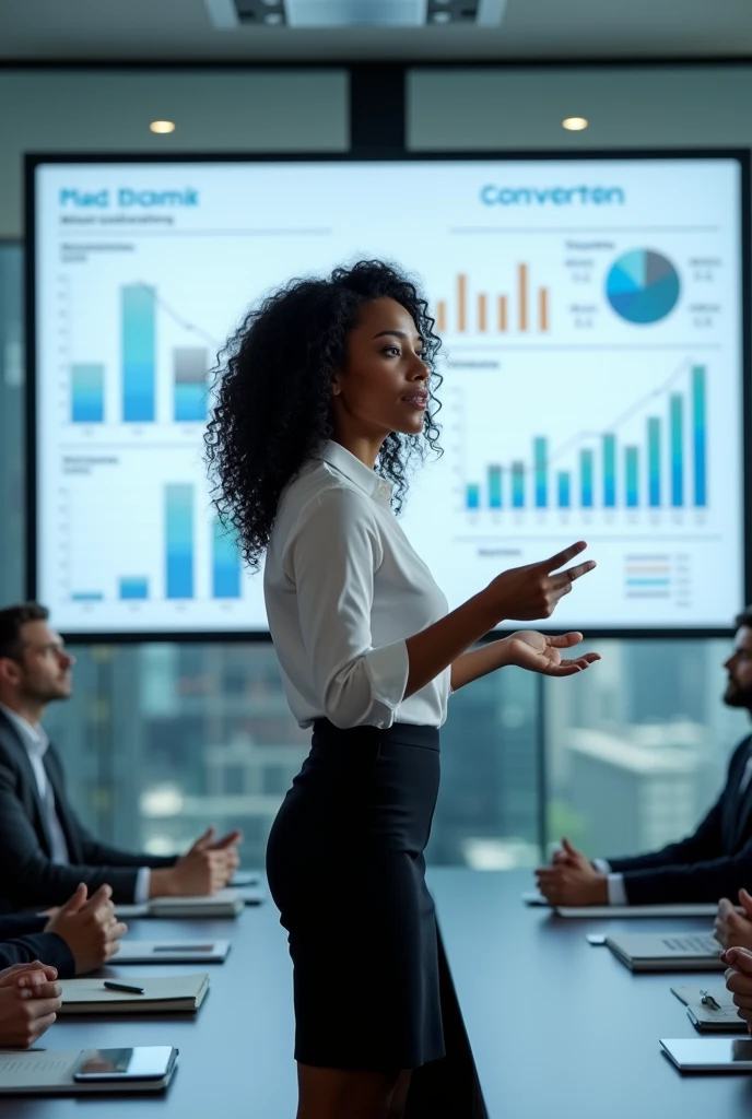 A 30-year-old woman with curly black hair, dressed in a white blouse and black pencil skirt, leads a business meeting in a glass-walled boardroom, gesturing towards a digital presentation on a large screen.