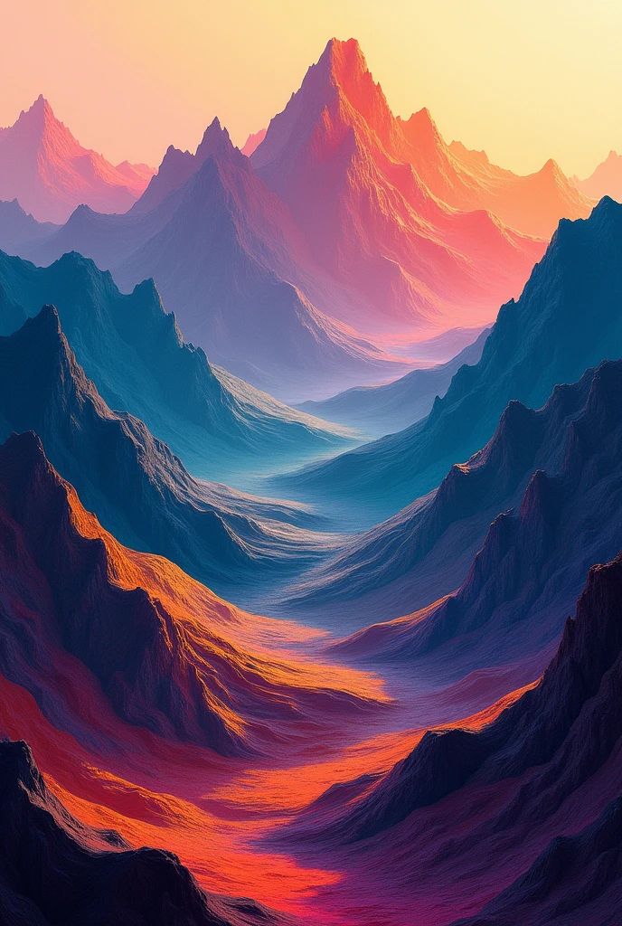 Generate an abstract artwork featuring mountain ranges with layered textures and varied color palettes