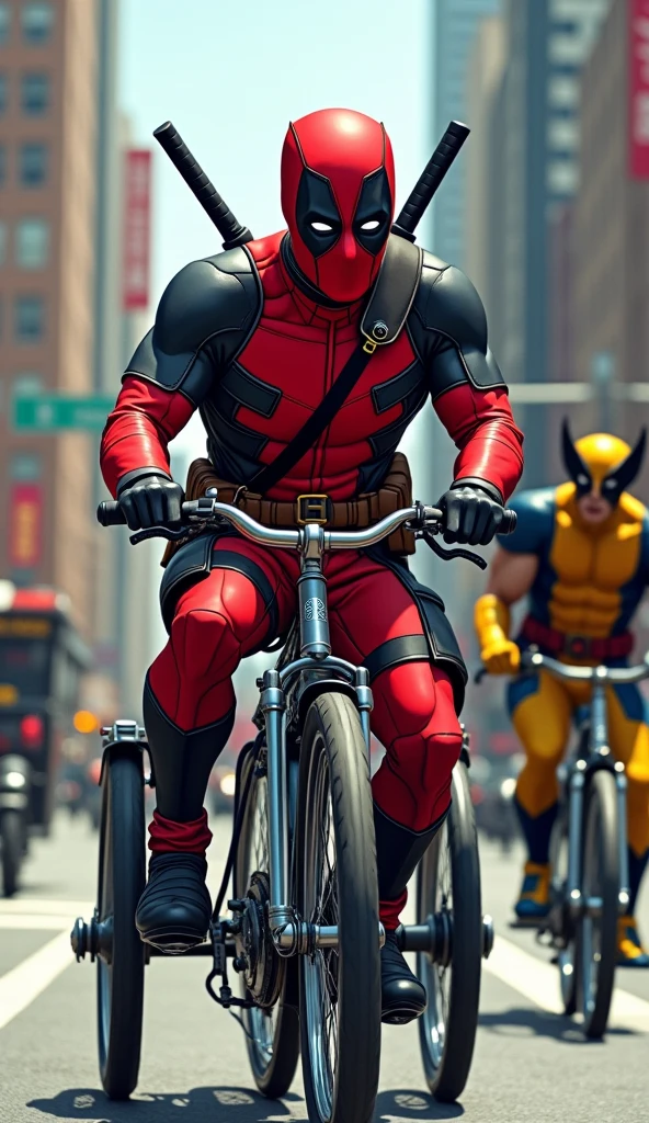 Deadpool pedals the rickshaw with playful enthusiasm, while Wolverine, the X-Man, sits up front, his expression a mix of calm and subtle annoyance. The scene is both absurd and touching—Deadpool’s endless jokes contrasting with Wolverine’s stoic presence. As they ride through the streets, there’s an unspoken connection between the two, a blend of chaos and camaraderie that highlights their unlikely but strong bond. Beneath the humor and the grit, it’s a moment that captures the essence of their friendship in the most unexpected way.