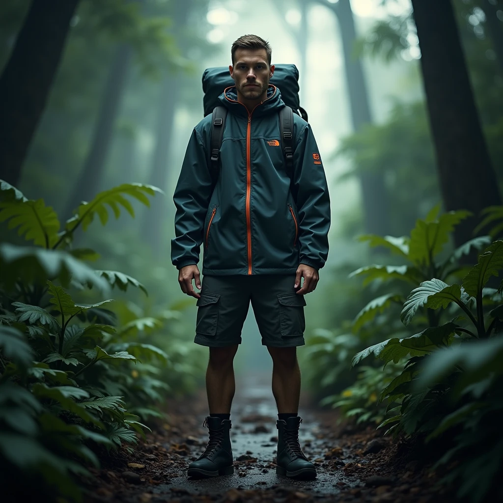 A full body, cinematic portrait of a Armician-looking man with short hair wearing boots. He is 170 cm tall and weighs 70 kg. He is wearing a shorts and jacket and a North Face backpack, standing in a rainforest. He is an outdoor photographer. The background has subtle light, creating a magical rainforest scene. The man is standing in the rainforest, creating a mystical rainforest atmosphere. His face is looking at the camera, and the portrait is taken from the Front. The image should be realistic.