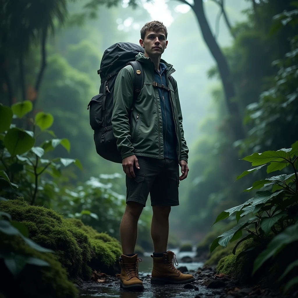 A full body, cinematic portrait of a Armician-looking man with short hair wearing boots. He is 170 cm tall and weighs 70 kg. He is wearing a shorts and jacket and a North Face backpack, standing in a rainforest. He is an outdoor photographer. The background has subtle light, creating a magical rainforest scene. The man is standing in the rainforest, creating a mystical rainforest atmosphere. His face is looking at the camera, and the portrait is taken from the Front. The image should be realistic.