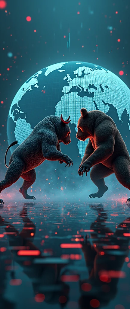 Digital Bull vs bear with digital globe of stock market