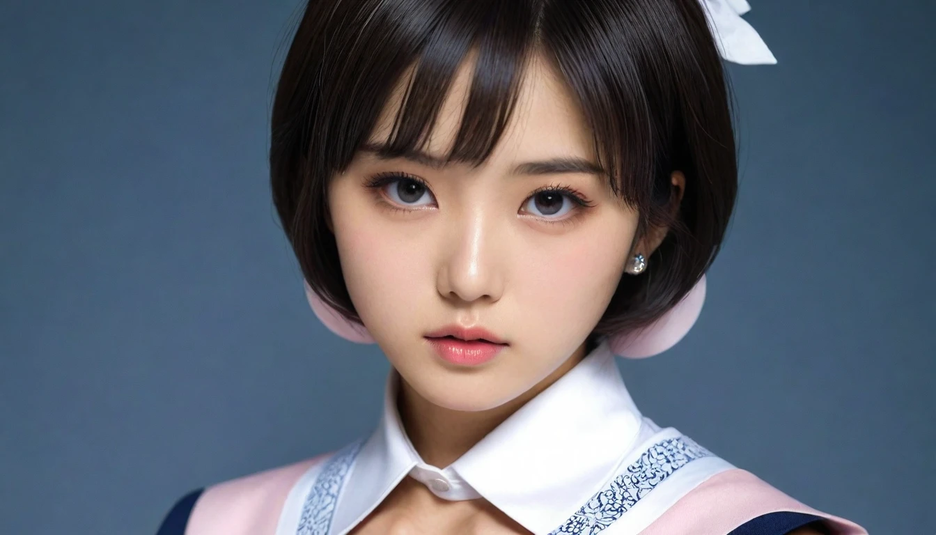 8k, Ultra-high resolution, Highest quality, masterpiece, 三分割法によるphotograph,Surreal, photograph,One Woman, (:1.3), cute, cute顔, 細部までBeautiful Eyes, 細かくdetailedに,masterpiece,One Girl:1.2,Japanese women,kindergarten,close up,glaring,Black short hair,Bowl cut,ID photo,(kindergarten uniforms:1.3),Eccentric,Future City,white collar,((Fusion of humans and androids))(Beautiful attention to detail),Subtle details, detailedな顔,anger,Attractive eyes,(ポートレートphotograph:1.4),(Photorealistic images:1.4),Fantasy art,(Beautiful Face:1.4),美しくAttractive eyes、Beautiful Eyes,Silver residue,(Tight waist:1.4)、(Beautiful with perfect body proportions:1.4),Pink Lips,profile,(((Ideal body type))),A-cup small breasts :2,、Portraiture:2、Perfect Anatomy、鮮明なdetailed、detailed,Fashion magazine cover,Thin lips,完璧でBeautiful Face ,完璧でcute顔, Skin with attention to detail, Perfect limbs、Narrow waist,Surreal,Light and shadow,spotlight