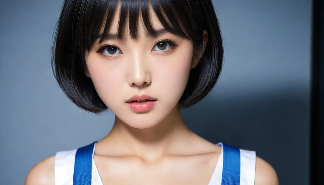 8k, Ultra-high resolution, Highest quality, masterpiece, 三分割法によるphotograph,Surreal, photograph,One Woman, (:1.3), cute, cute顔, 細部までBeautiful Eyes, 細かくdetailedに,masterpiece,One Girl:1.2,Japanese women,kindergarten,close up,glaring,Black short hair,Bowl cut,ID photo,(kindergarten uniforms:1.3),Eccentric,Future City,white collar,((Fusion of humans and androids))(Beautiful attention to detail),Subtle details, detailedな顔,anger,Attractive eyes,(ポートレートphotograph:1.4),(Photorealistic images:1.4),Fantasy art,(Beautiful Face:1.4),美しくAttractive eyes、Beautiful Eyes,Silver residue,(Tight waist:1.4)、(Beautiful with perfect body proportions:1.4),Pink Lips,profile,(((Ideal body type))),A-cup small breasts :2,、Portraiture:2、Perfect Anatomy、鮮明なdetailed、detailed,Fashion magazine cover,Thin lips,完璧でBeautiful Face ,完璧でcute顔, Skin with attention to detail, Perfect limbs、Narrow waist,Surreal,Light and shadow,spotlight