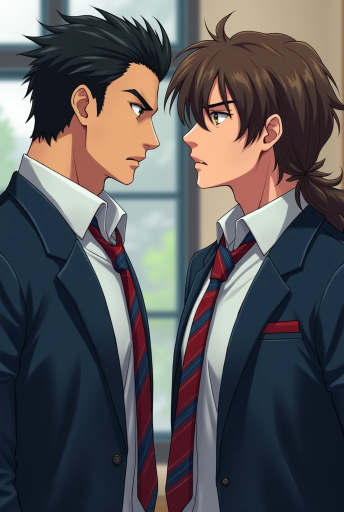 image of 2 gentlemen in their school uniform white long sleeves with red and blue striped neck tie and dark blue blazer. one on the right has short gelled up black hair, brown eye, chiseled jaw and diamond shaped face well build, a height of 6'1 feet and has olive skin tone, he's italian-german. the other one on the right has long length to neck wavy brown hair, hazel eye, soft chiseled heart shape face, a height of 5'10 feet, he's italian and has light olive skin. both of them on side view looking at each other angrily