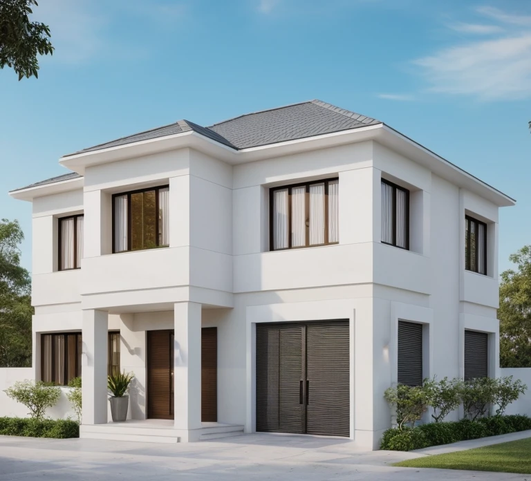 Minimalist architecture, the main materials of the house include white walls, blue concrete effect walls, Realistic images, extremely detailed, a modern house, 1 road in font of house, large yard made by ceramic, (1 car), brick fence, lawn, a few small flowers, a road in front of the house, main materials of the house are white walls and red brick, Modern design, clear blue sky, sunrise light, light from inside, dynamic light,shimering light, cinematic light, romantic feeling, (((day light, warm light)))