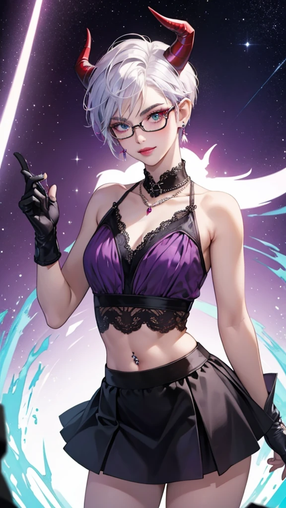 8k, masterpiece, best quality, highly detailed, 1 girl, tiefling, warlock, pixie cut, multicolored hair, very short straight hair red highlight hair on white hair, strippled hair, wearing glasses, round glasses, earrings, navel piercing, red eyeshadow, long eyelashes, blushed cheek, red lips, pearl necklace, rings, collarbone, mole on face, glamorous, teal and purple clothes, sleeveless, miniskirt, smirk, close up view, rings, looking at viewer, demon horns, solo, starry sky, pale blue moon, standing, boxing stance, demonic arms, chains on the background, black lace gloves.