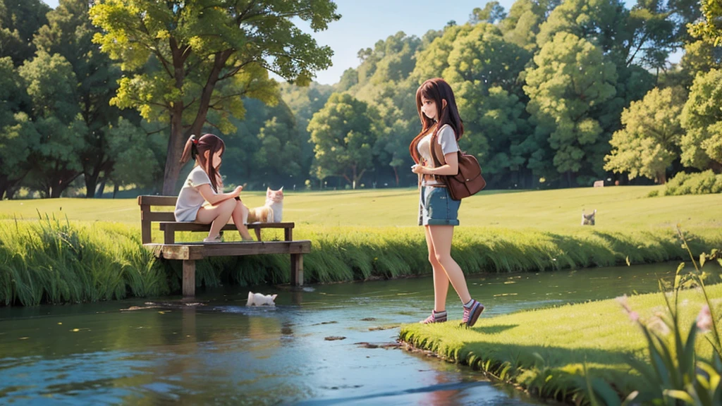 Make a picture of a beautiful girl in her 20s, casual, on the riverbank with her cat in the countryside.