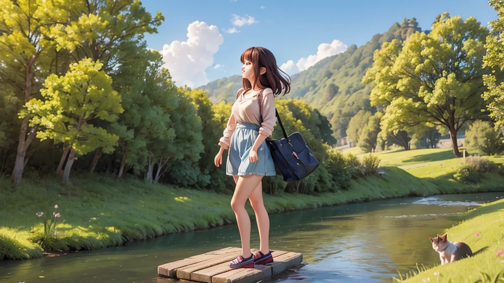 Make a picture of a beautiful girl in her 20s, casual, on the riverbank with her cat in the countryside.