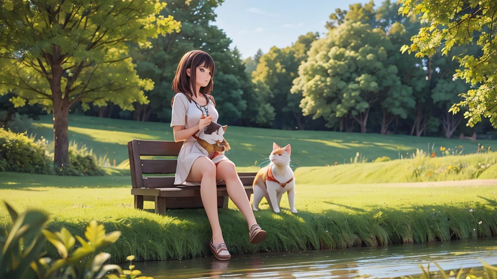 Make a picture of a beautiful girl in her 20s, casual, on the riverbank with her cat in the countryside.