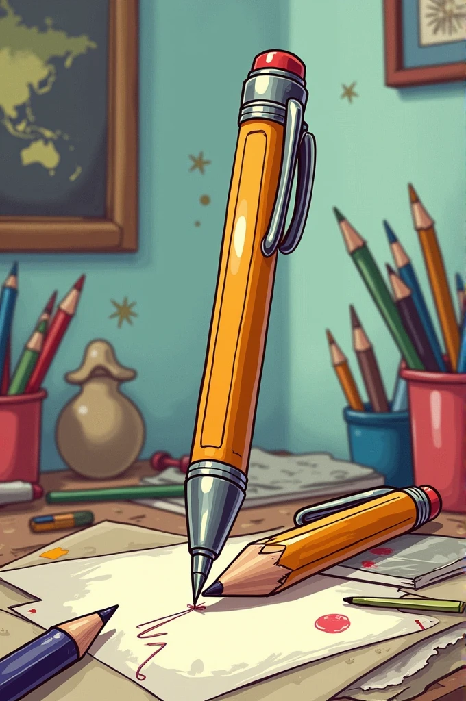 Panel 1:
- **Scene:** A desk with various stationery items. *Pen* stands upright, looking proud and sleek, while *Pencil* lies next to it, a bit worn with a slightly chewed-up eraser.


Panel 2:
- **Scene:** Close-up of *Pencil* looking at *Pen* with a mix of admiration and envy.

Panel 3:
- **Scene:** *Pen* is used to write a few words on a sheet of paper, the ink gliding smoothly.


Panel 4:
- **Scene:** *Pencil* is picked up next, leaving a light, slightly smudgy line on the paper.


Panel 5
- **Scene:** *Pencil* is sharpened, looking a bit more confident with a fresh point.

Panel 6
- **Scene:** *Pen* and *Pencil* lie side by side on the desk, both looking content, having each made their unique marks.