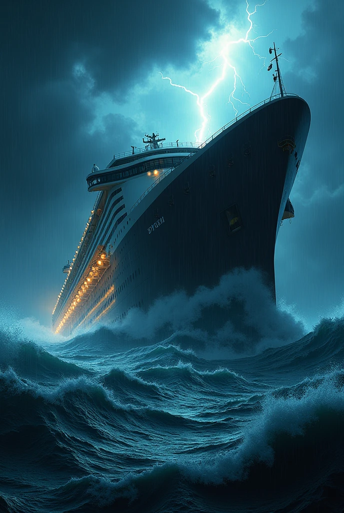 A Cruise ferry called MS Great Filipino sinking in a storm at night with rogue waves