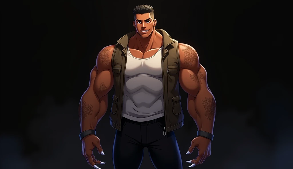 Whole body of the African boy in anime style:1.2, molded with strength and with sharp nails, wearing African tank top jacket and black pants, in a dark environment with strong contrast. Soft face, Several marks on the right and left arms, no marks on the face, smiling.