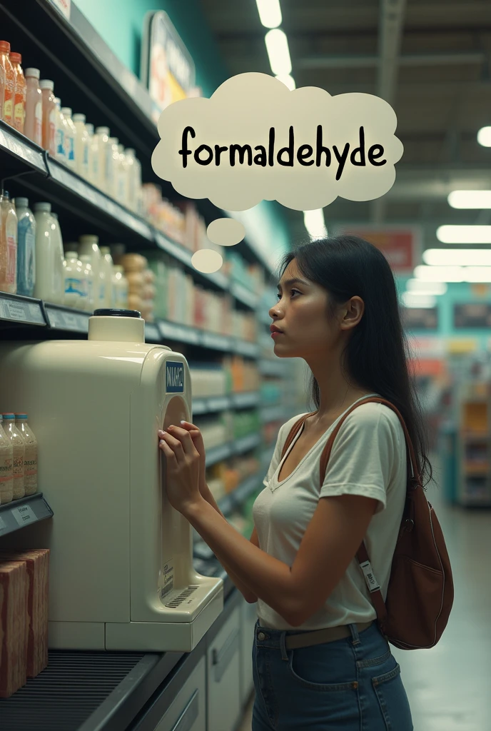 Now a woman with a thoughtful face and a thought bubble written formaldehyde in Portuguese. Next to a milk dispenser at the supermarket