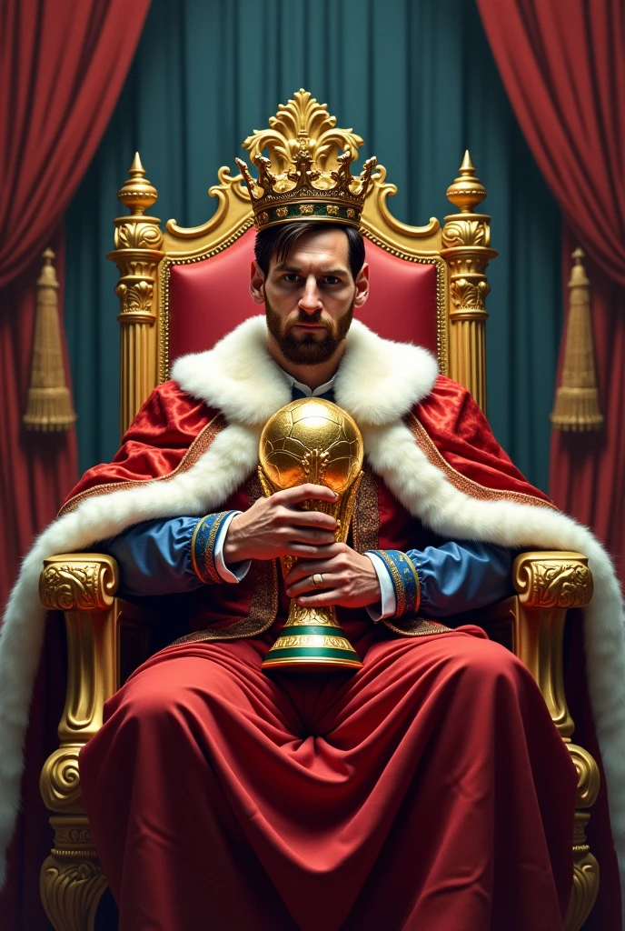 Messi as a king sitting with his worldcup in his hand in his Kingdom
