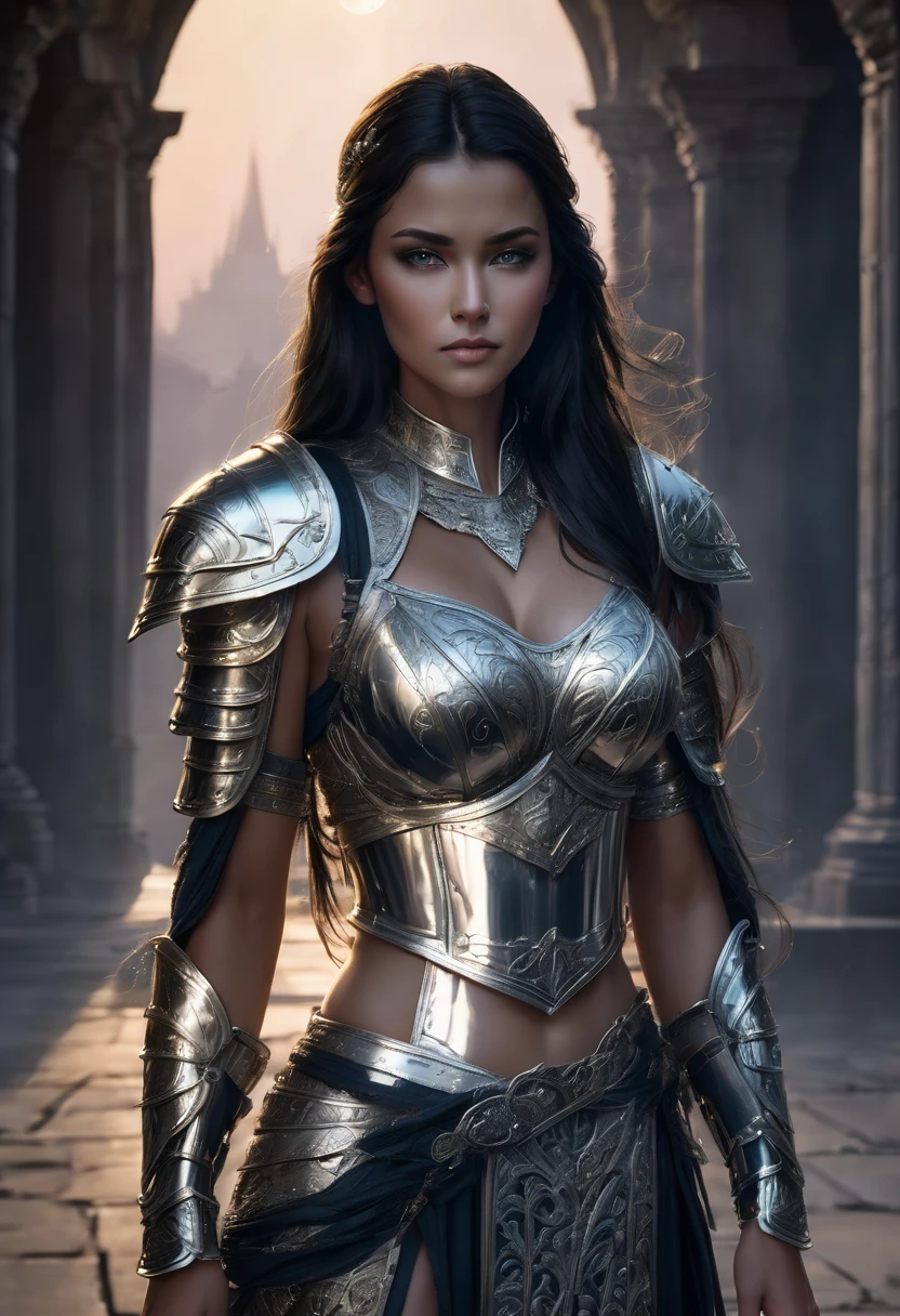 highly detailed, realistic fantasy image of a regal and mysterious female warrior standing under the light of a full moon. She has long, flowing dark hair with a slight blue sheen, and her striking blue eyes reflect the moonlight. She is clad in a form-fitting, black leather armor adorned with intricate silver accents, including spiked shoulder plates and decorative chains. The armor is polished to a mirror finish, catching the light and emphasizing her strong, elegant figure. The background features ancient stone pillars and soft moonlit flowers, adding a touch of natural beauty to the otherwise dark and mystical scene. The overall atmosphere is powerful and serene, with a focus on the contrast between the dark armor and the soft, ethereal lighting of the moon.