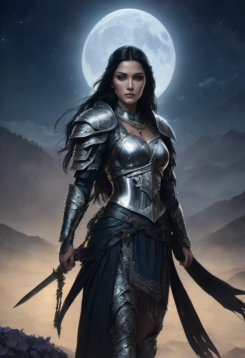 highly detailed, realistic fantasy image of a regal and mysterious female warrior standing under the light of a full moon. She has long, flowing dark hair with a slight blue sheen, and her striking blue eyes reflect the moonlight. She is clad in a form-fitting, black leather armor adorned with intricate silver accents, including spiked shoulder plates and decorative chains. The armor is polished to a mirror finish, catching the light and emphasizing her strong, elegant figure. The background features ancient stone pillars and soft moonlit flowers, adding a touch of natural beauty to the otherwise dark and mystical scene. The overall atmosphere is powerful and serene, with a focus on the contrast between the dark armor and the soft, ethereal lighting of the moon.
