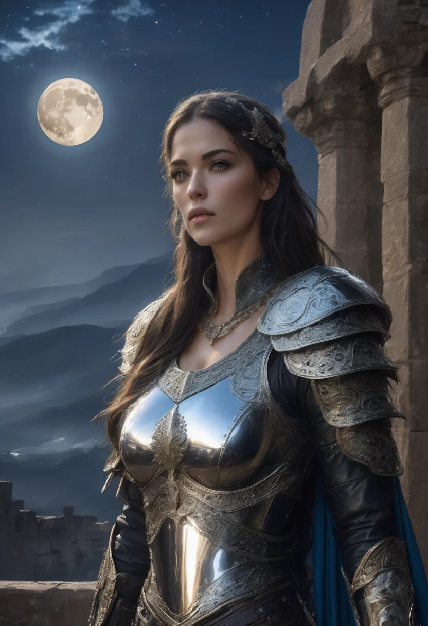 highly detailed, realistic fantasy image of a regal and mysterious female warrior standing under the light of a full moon. She has long, flowing dark hair with a slight blue sheen, and her striking blue eyes reflect the moonlight. She is clad in a form-fitting, black leather armor adorned with intricate silver accents, including spiked shoulder plates and decorative chains. The armor is polished to a mirror finish, catching the light and emphasizing her strong, elegant figure. The background features ancient stone pillars and soft moonlit flowers, adding a touch of natural beauty to the otherwise dark and mystical scene. The overall atmosphere is powerful and serene, with a focus on the contrast between the dark armor and the soft, ethereal lighting of the moon.