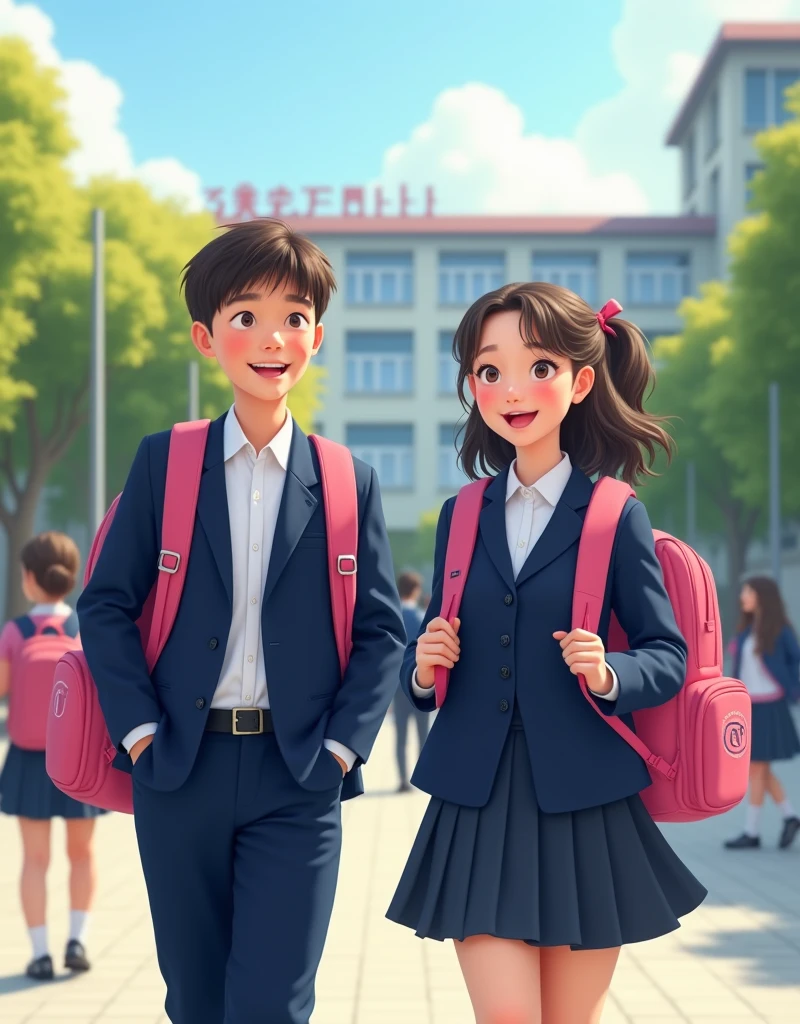 A picture of a 2 nordic students , wearing a school uniform and pink backpack, and wearing the uniform , new semester, back to school, education and schools