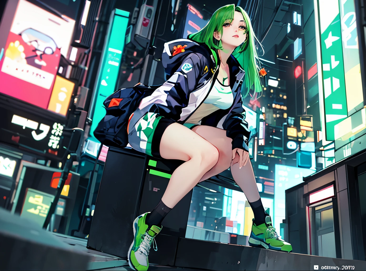 ((masterpiece)), (((best quality))), chromatic lighting,
colorized, green + white limited color palette, 
detailed concept drawing,
Shibuya street girl, cyberpunk, futuristic,
portrait, 20yo 1girl, medium soft breasts, slender, jacket, combat-pants,, long green hair, black eyes,in a city,