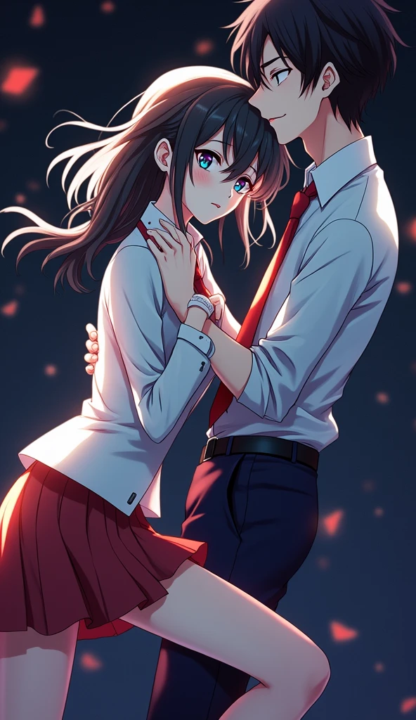 (32K:1.9, Realistic:1.9, Highest quality, masterpiece, Ultra-high resolution), Perfect dynamic composition, Highly detailed skin and facial textures:1.3, Detailed eyes, Detailed limbs, (Cute sexy slim Japanese schoolgirl, Tall、A slim Japanese high school boy), Fair skin, ((Clarity:1.1)), (Both boys and girls are wearing blazers with red ties..:1.3), (A high school boy is grabbing a high school girl's chin:1.5), (Cunning Smile:0.9, Totally captivates you:0.9), (beautiful Blue Eyes, beautiful, Clear Eyes:0.8), Sexy Face:0.4, blush:1.1, (beautifulエロティシズムを醸し出す雰囲気:0.8), Woman's hair in a ponytail, Professional random camera work, Cinematic Lighting Effects, ((Full Body Shot)), ((Too erotic:0.9)) , romantic, mysterious, Object of admiration, original, dramatic, artistic, Innovative, charm, Heartful, Fancy, Tilt, sense of loss, special, exciting, Extreme, sense of openness, joy, joyの表現, ((若さのcharm, 女性的なcharm))