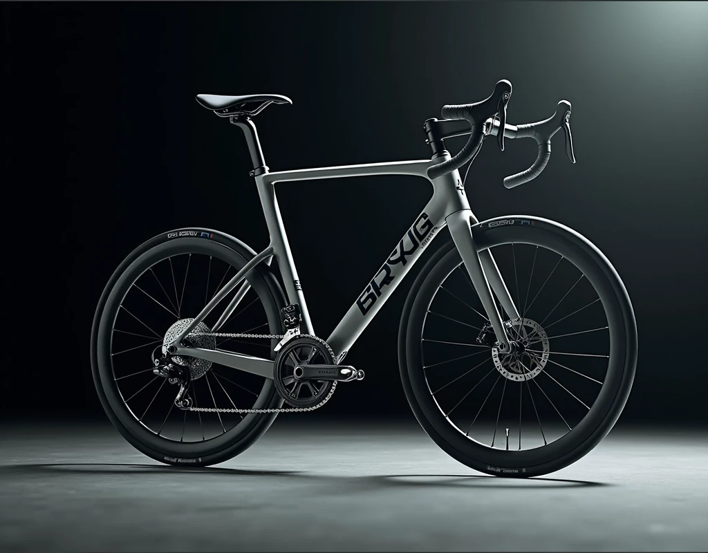 Sports Bicycle: As a sports photographer, create a Bicycle image seen from the front from below, slightly tilted to the right. The artistic style is hyper-realistic, with a close-up composition. Use studio lighting for illumination. The color palette should be monochromatic. The photographic style should be cinematic with everything in focus. Apply high contrast in post-processing. The overall atmosphere should be dramatic. Make sure the image is extremely detailed and high quality (equivalent to ultra-detailed), reflecting the experience of a professional sports photographer. Emphasize the following aspects: - Realistic textures and fine details - Accurate lighting and natural shadows - Balanced and appealing composition - Depth and dimensionality in the image - Vivid and accurate colors (unless otherwise specified) - Sharp focus on the main elements according to the selected focus style The image should convey a sense of professionalism and technical mastery, as if it had been captured by an expert photographer and processed by a highly skilled image editor. Ensure that the quality and level of detail are exceptional, taking full advantage of the ability to generate very high-resolution images.