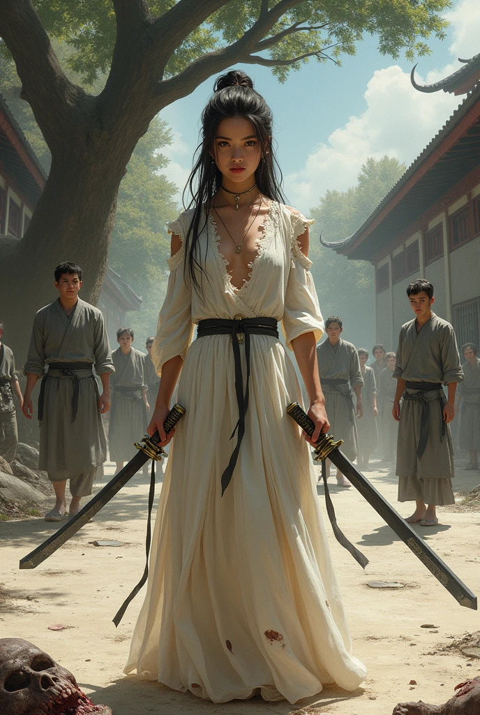A beautiful young woman with a fierce look in a torn white Hanfu dress stood holding a pair of swords. A pair of young men in grey clothes stared at the middle of the deserted courtyard. They looked at the uninhabited area and saw a hideous zombie lying dead on the ground next to them by a large tree, along with a group of zombies walking towards them.