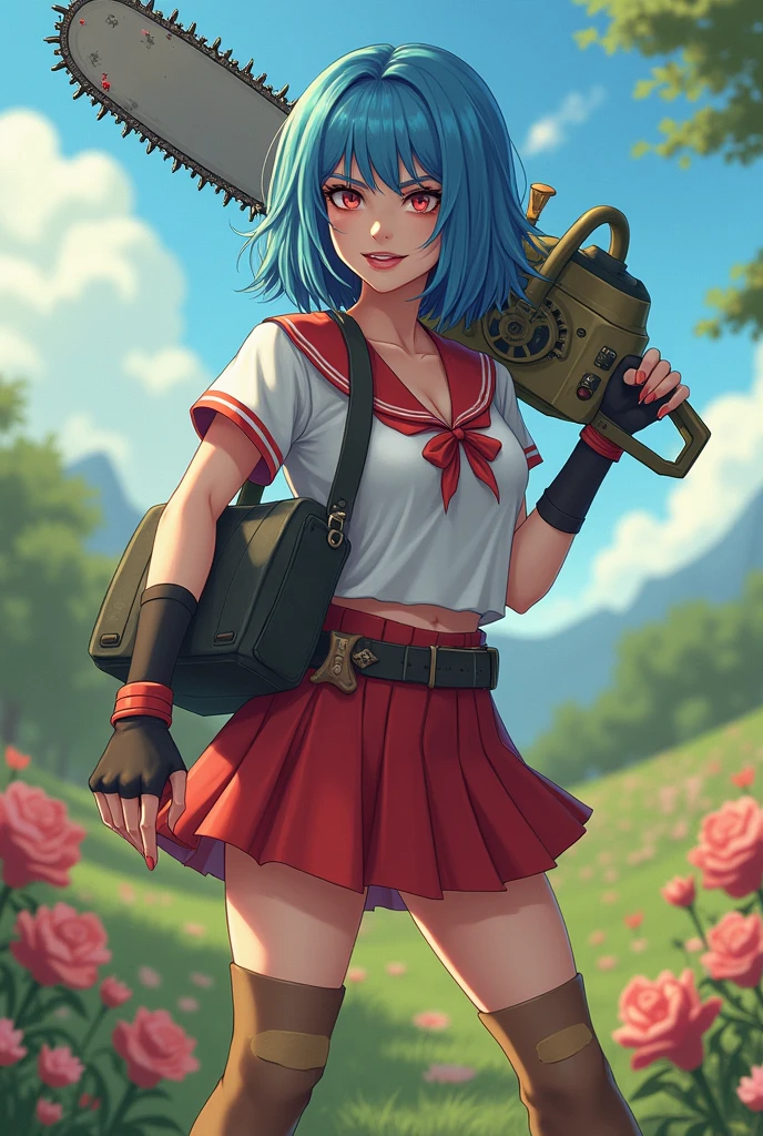 Beautiful blue haired woman girl holding a chainsaw in her hands, chainsaw with large teeth, full cup wearing over duct showing red and white schoolgirl outfit soldier boot glove big smile voluminous breasts simple neckline slender body countryside landscape with flowers high resolution 4k showing boots serrando