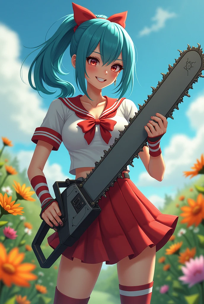 Beautiful blue haired woman girl holding a chainsaw in her hands, chainsaw with large teeth, full cup wearing over duct showing red and white schoolgirl outfit soldier boot glove big smile voluminous breasts simple neckline slender body countryside landscape with flowers high resolution 4k showing boots serrando