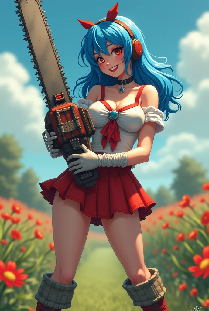 Beautiful blue haired woman girl holding a chainsaw in her hands, chainsaw with large teeth, full cup wearing over duct showing red and white schoolgirl outfit soldier boot glove big smile voluminous breasts simple neckline slender body countryside landscape with flowers high resolution 4k showing boots serrando