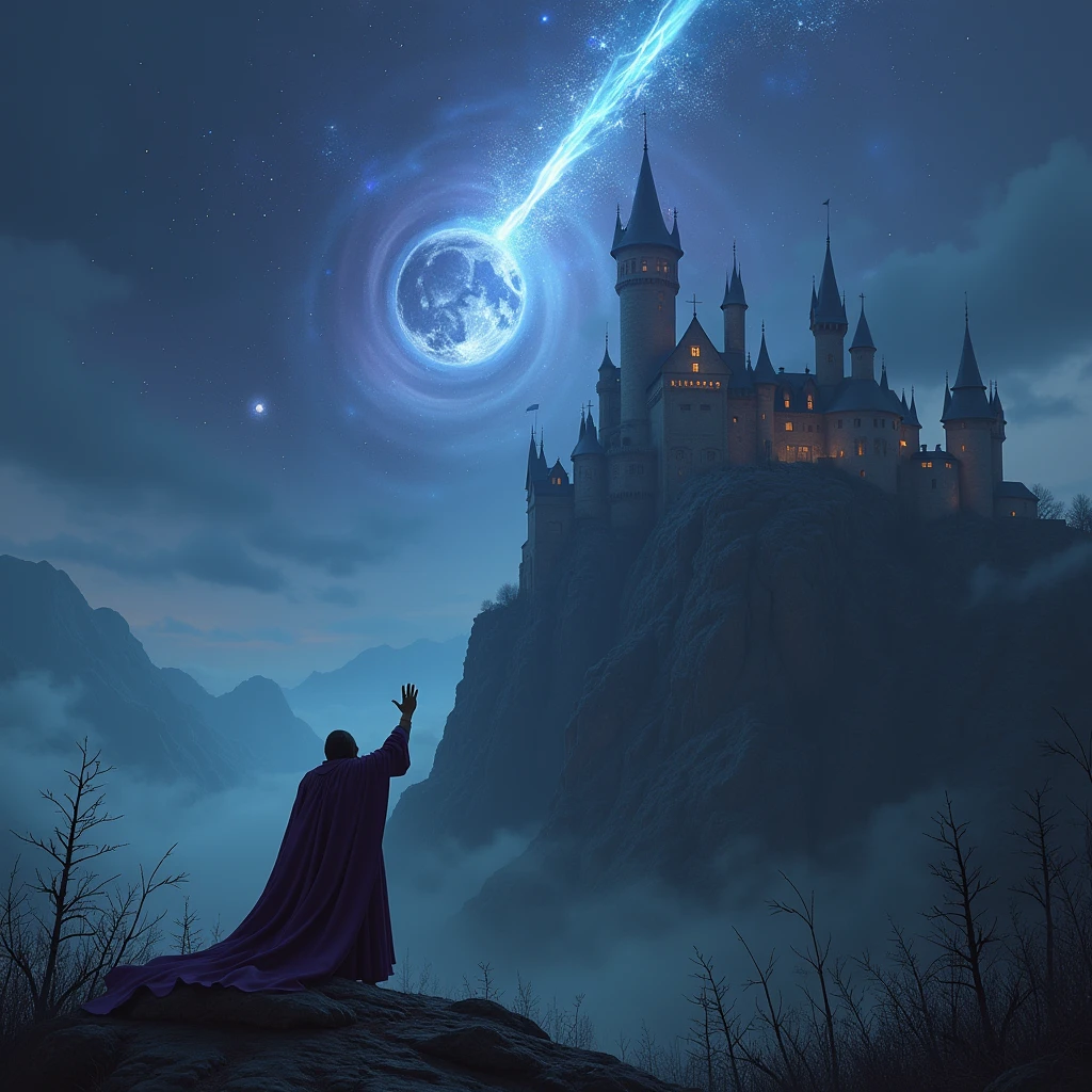 a meteor falls to the castle, a wizard raise his hand on the hill,