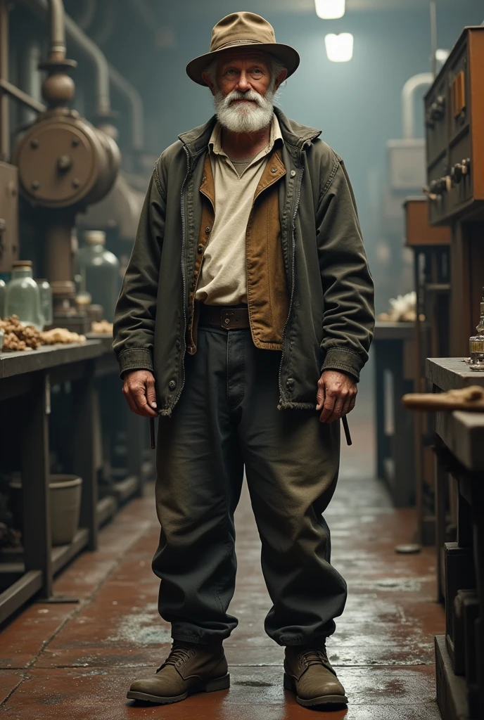 old man, macular, good looking, wearing dirty white Henley, brown cotton waist coat, dark brown jacket, blue jeans, worker style, rugged clothes, white mustache, working hat, inside glass factory, standing on the floor, leather old shoes, tall man, 
