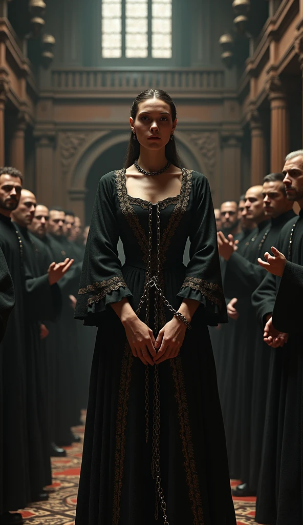 Close-up shot, Low angle shot, (A chaotic courtroom scene, with Elizabeth Báthory standing in the center, her hands bound in chains, yet her posture remains defiant. The room is filled with onlookers—nobles, clergy, and commoners—whispering and pointing, their faces a mix of fear, curiosity, and judgment. The judges, dressed in dark robes, look down at her with stern expressions, but there is a sense of uncertainty in their eyes. The background shows the courtroom’s grand architecture, with high ceilings, arched windows, and intricate carvings, but the atmosphere is heavy with tension and doubt.) unreal engine, cinematic, hyper-real, highly detailed, Ultra realistic HD --q 2 --v 6.1 --ar 9:16
