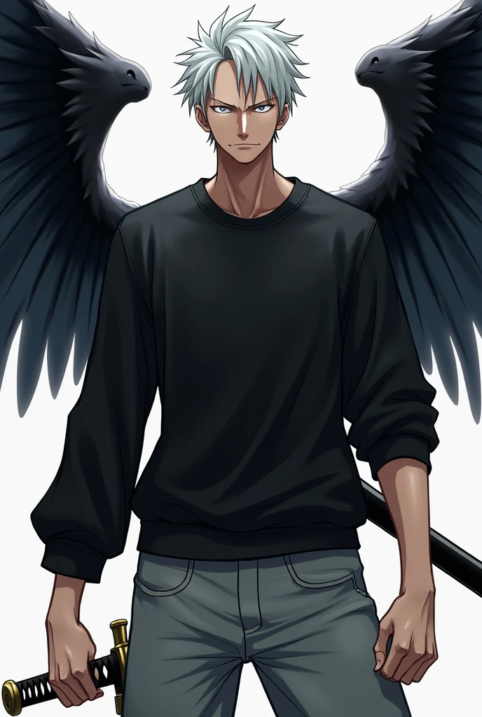 Create a Lunarian from One Piece, short white hair, black sweatshirt, Gray pants, with a katana and black wings