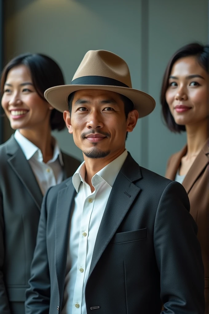 create a picture of a 3 man wearing a hat, pushing his sales team, highlighting Indonesian facial expressions, soft lighting details, 4k realistic, hyper realistic