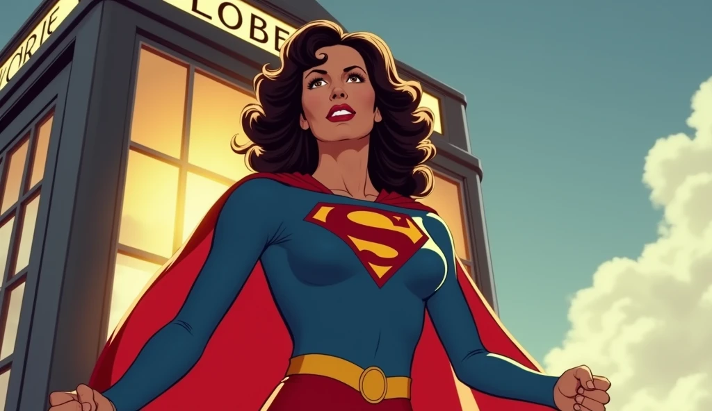 (((very beautiful old Supergirl (((1980s costume))) Julie Hagerty(((dark-haired, large-breasted woman in her 50s)))) Super woman Julie Hagerty; confident, powerful, indestructible, attractive; big and firm chest; strong breasts; saindo de uma cabine telefônica e decolando para o céu.