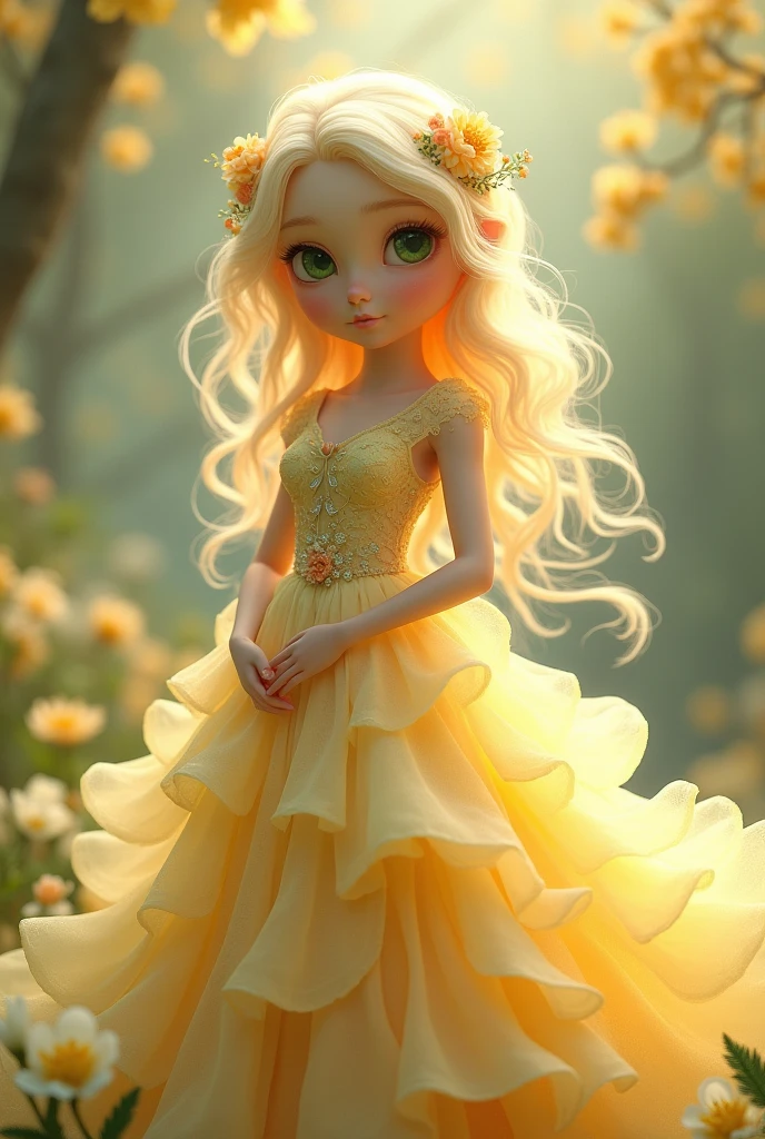 Top quality
Anthropomorphic, mimosa
Female, blonde hair, green eyes
Glass slipper
Pale yellow dress