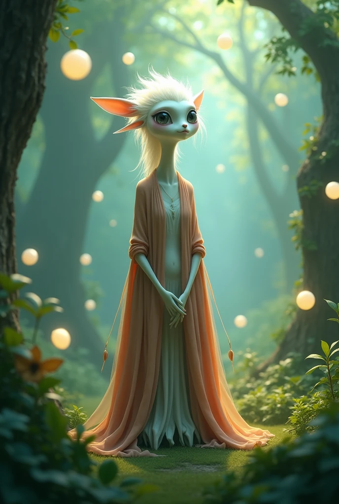 A whimsical, mystical creature resembling a tall, slender figure with a white, elongated face and a gentle, serene expression. The creature is adorned with flowing, colorful robes and has a peaceful, ethereal presence. It stands in a lush, green forest, surrounded by soft, glowing orbs of light. The atmosphere is calm and otherworldly, with a misty, dreamlike quality.