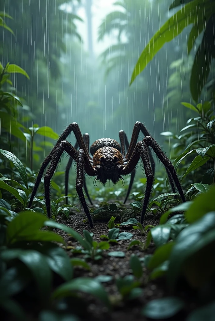 Spider in jungle during heavy rain 