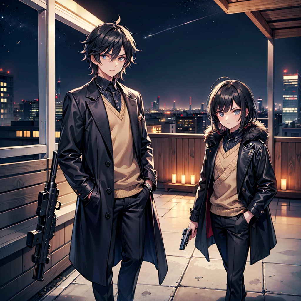 Anime art style,Highest quality,High resolution,Anatomically correct,One Man,Twenty generations,good looking,Spiky hair,Black Hair,A rich expression,Serious expression,Black long coat,Casual innerwear,night,Outdoor,Rooftop,Holding a gun,Eyes drawn in detail,8k