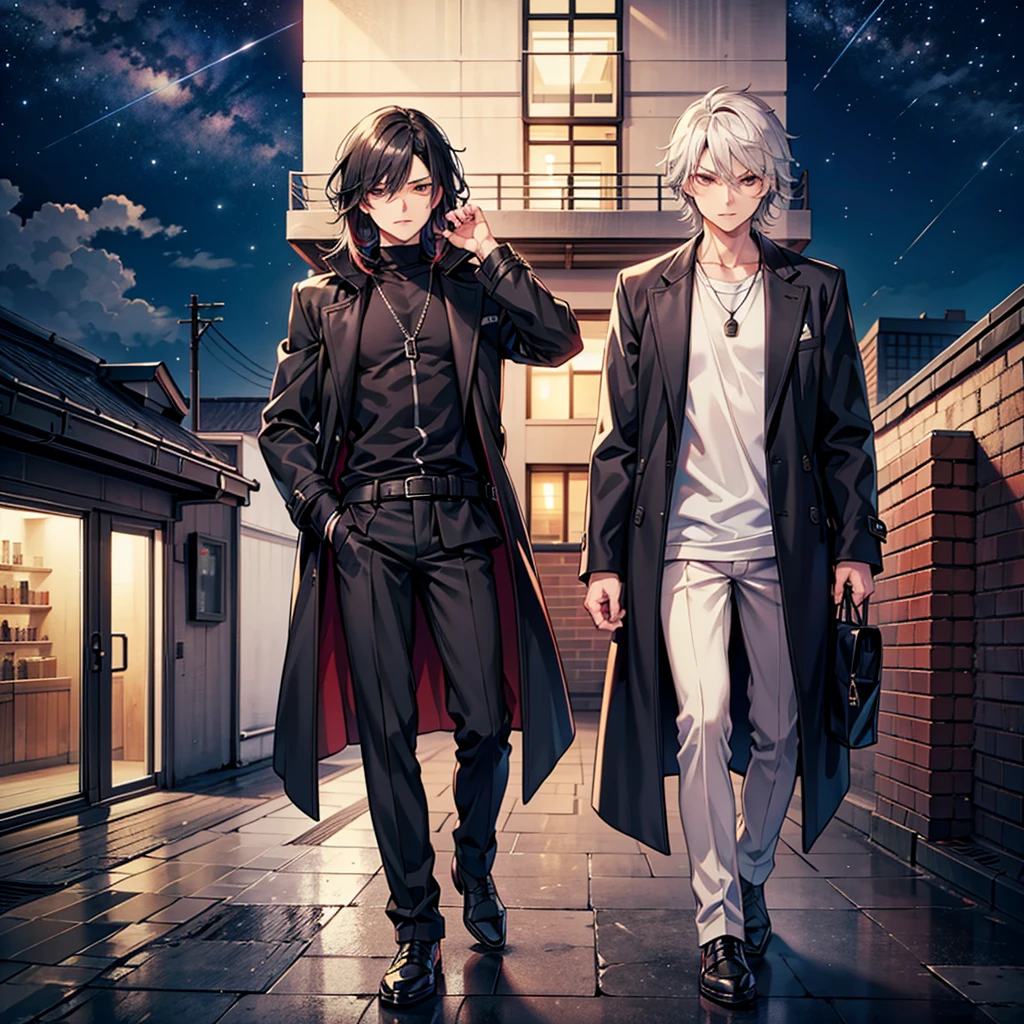 Anime art style,Highest quality,High resolution,Anatomically correct,One Man,Twenty generations,good looking,Spiky hair,Black Hair,A rich expression,Serious expression,Black long coat,Casual innerwear,night,Outdoor,Rooftop,Holding a gun,Eyes drawn in detail,8k
