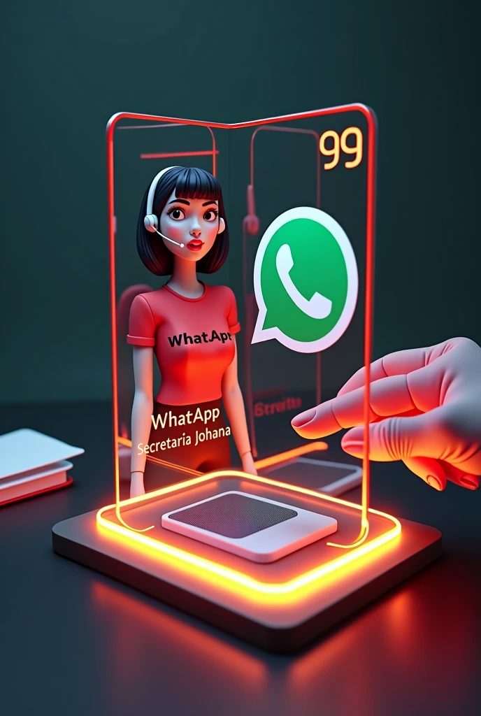 Create a glass id card of a WhatsApp profile placed on a black desk,  that shows the large WhatsApp logo, create a 3D illustration of a latina woman with short hair, You must wear a red blouse with the phrase CREDITO printed in black and a white headset. The girl&#39;s photo in a circle icon with the name of the social network user WhatsApp Secretaría Johana in black below the profile photo and 99 written messages, WhatsApp card glows red and yellow on the edge. In one corner is the one held with two fingers.