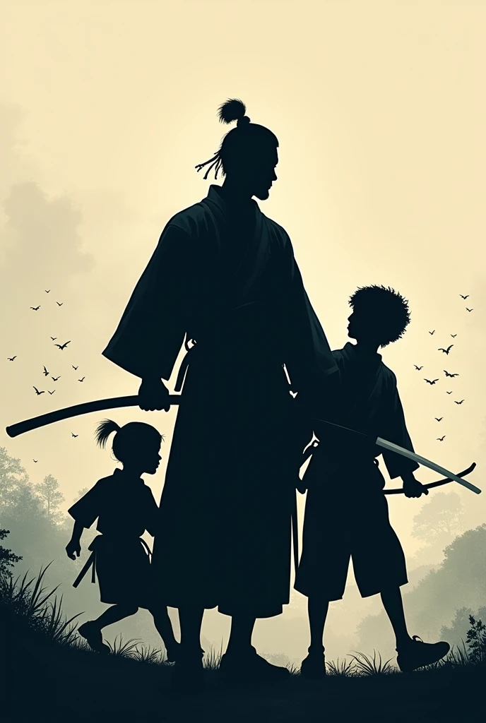 Une silhouette qui représente un homme féodale japonais  qui sauve deux enfants au même moment mais pas au même endroit et cette silhouette est au milieu de la page sauf que la silhouette du milieu est une représentation de deux personnes 