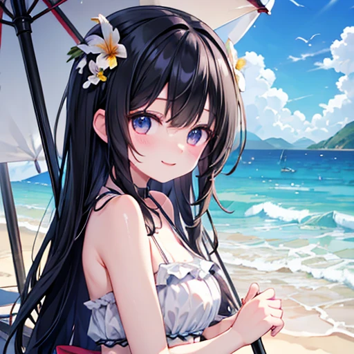and、Black Hair、Iris、Swimwear、Which、summer、big、vague、Sandy Beach、Parasol、Laughter、smile、Daytime、sun、conversation、fun,big胸