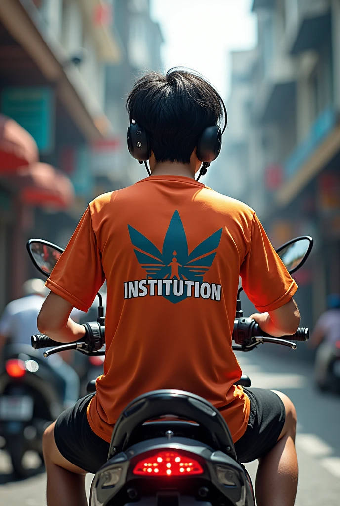 A young Thai gamer wears an e-sports t-shirt called "institution" At the back, sitting on a motorbike