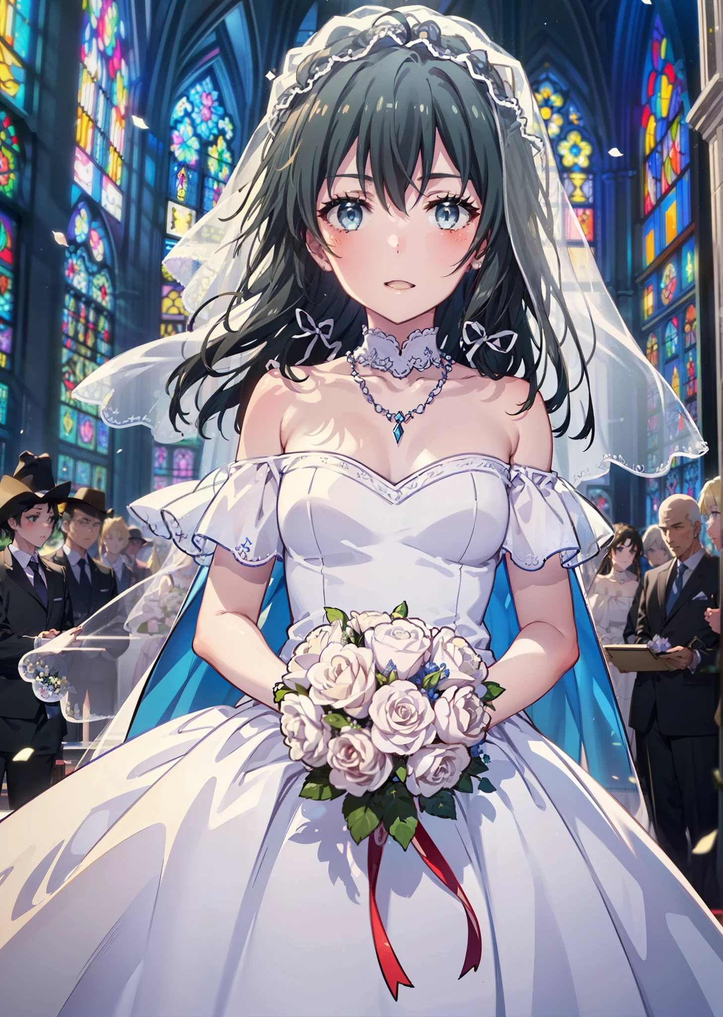 Yukino, yukino yukinoshita, Black Hair, blue eyes, semi-long,Ahoge,smile,blush,Open your mouth,Off-the-shoulder white wedding dress,necklace,Expose your shoulders,bare clavicle,Bare neck,wedding long skirt,Veil,bouquet,Holding a bouquet in both hands,Stained glass,whole bodyがイラストに入る,　　　　　　　　　　　break indoors, Chapel,Association,
break looking at viewer, whole body,(Cowboy Shot:1.5),
break (masterpiece:1.2), Highest quality, High resolution, unity 8k wallpaper, (shape:0.8), (Beautiful attention to detail:1.6), Highly detailed face, Perfect lighting, Highly detailed CG, (Perfect hands, Perfect Anatomy),