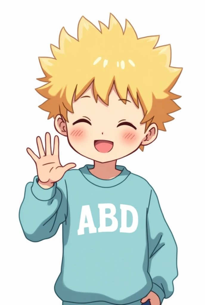 Make me a boy who looks like in anime, he has blonde curls and the background is white, he smiles with his eyes closed and waves, the background should also be white and he has a light blue sweater with ABD written on it in white letters
